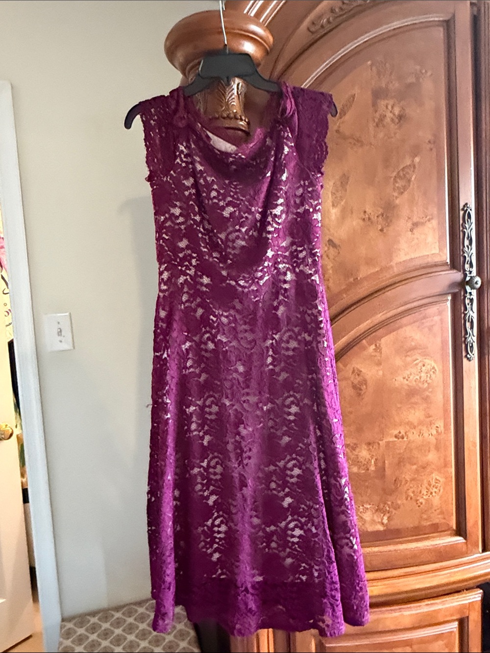 Adrianna Papell Plum Lace Midi Dress with Cowl Neck